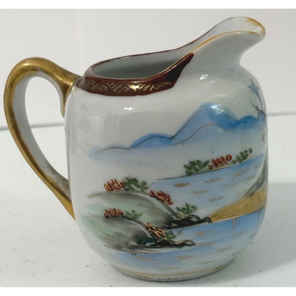 Vintage Japanese Hand Painted Porcelain Creamer and Sugar Bowl Set Waterfall